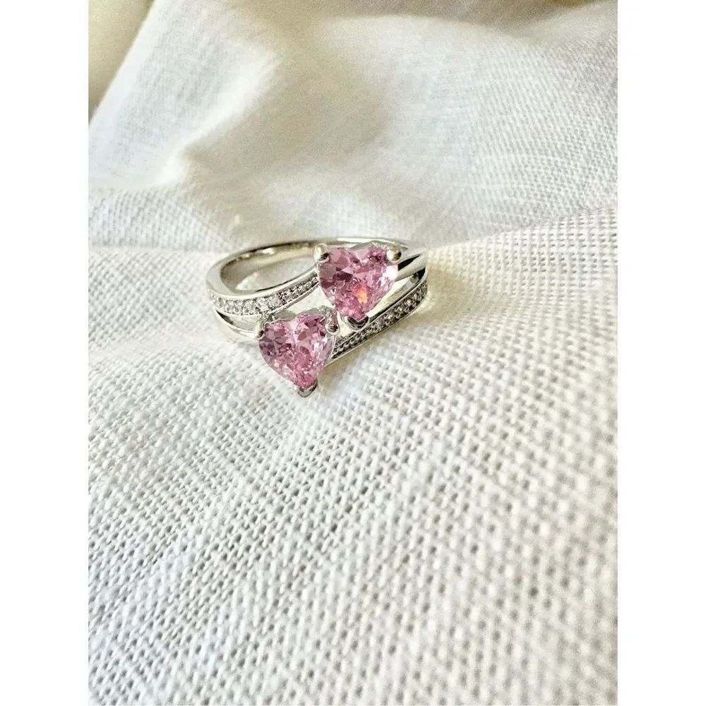 Double pink heart cubic zirconia ring